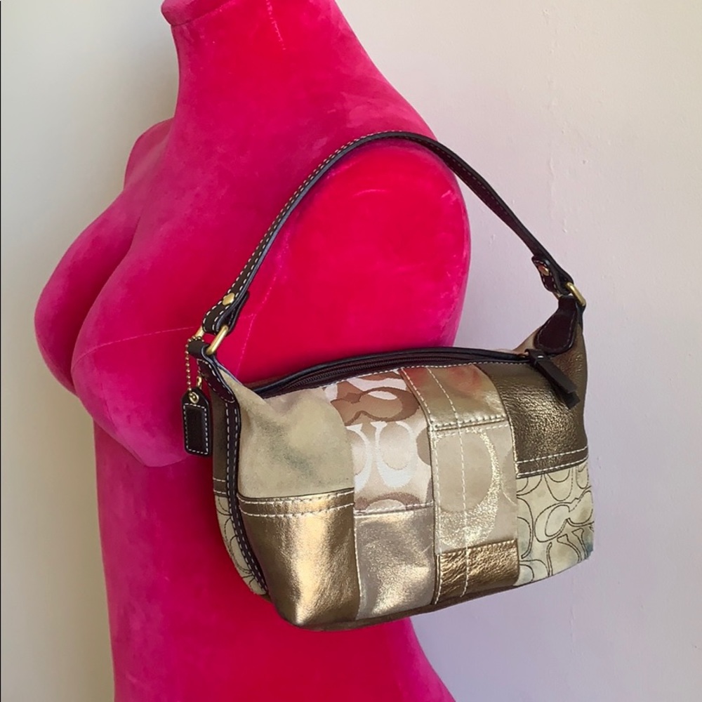 Coach Gold Metallic Patch Detail Shoulder Purse